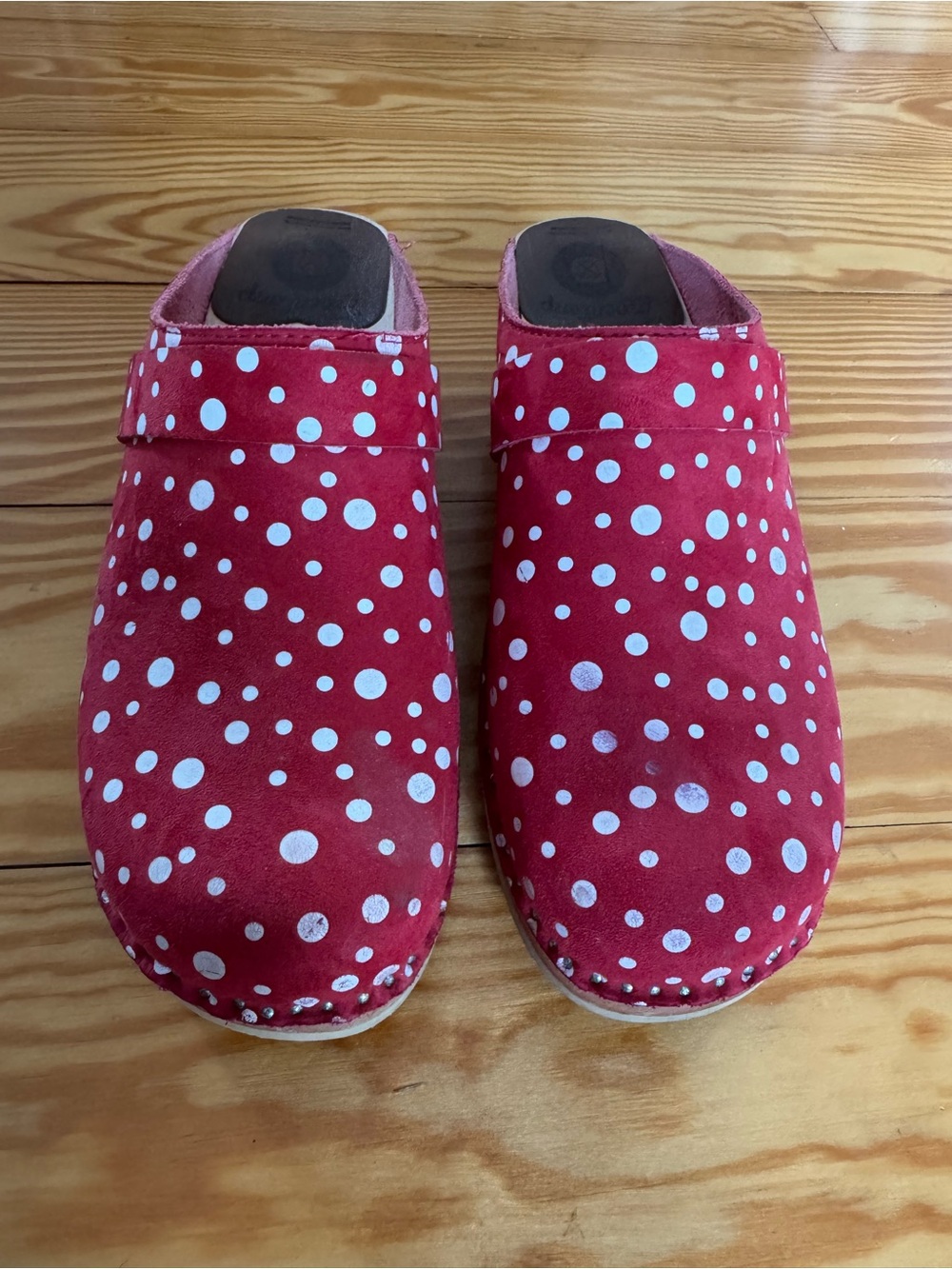 Troentorp Polka Dot Slip-On wooden Clogs in Red and White size 41